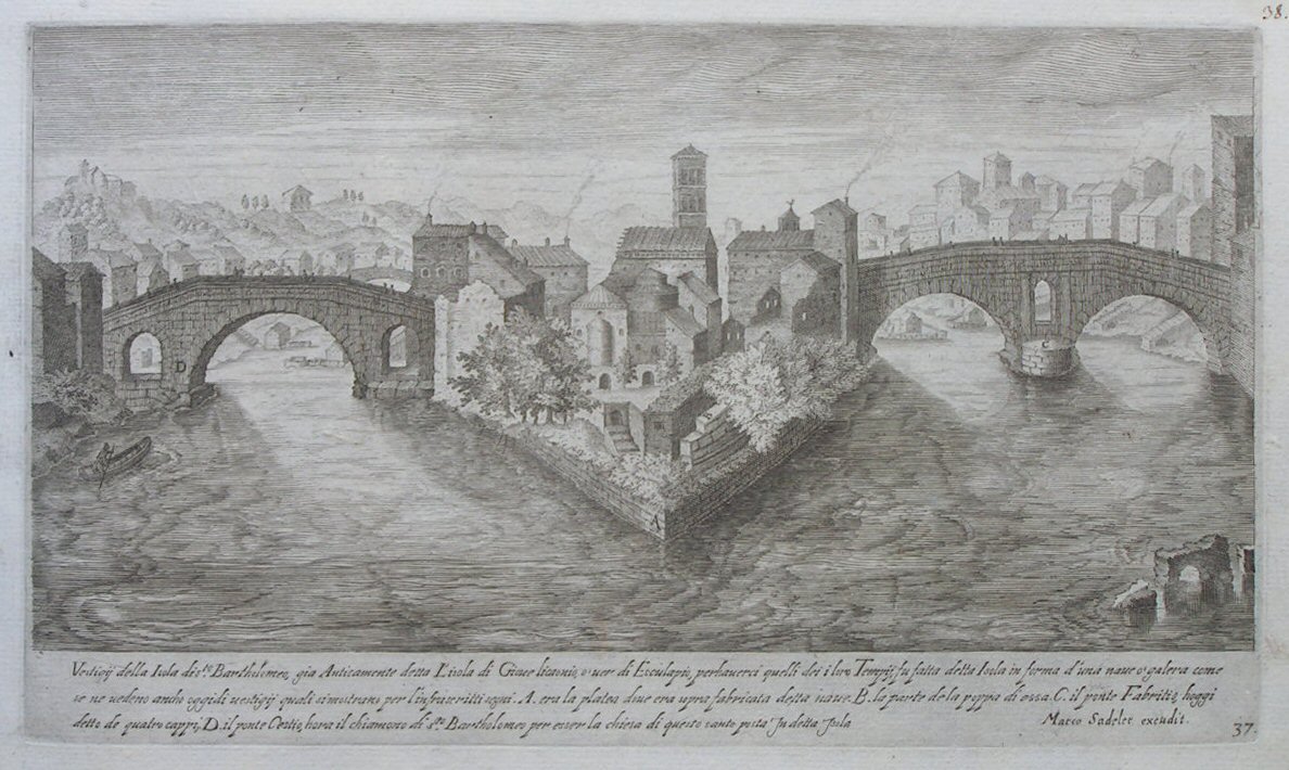 Print - Vestigij della Isola di s.to Bartholomeo, gia Anaticamente detta L’isola di Giove Licaonio, o’ver di Esculapio, perhaverci quelli die i loro Tempij, fu fatta detta Isola in forma d’una nave o’galera come se ne vedeno ancho oggidi vestigij quali si mostrano per l’infraseritti segni .A. era la platea dove era sopra fabricata detta nave .B. la parte de la poppa di essa. .C. il ponte Fabritio, hoggi detto de quatr cappi, .D. il ponte Cestio, hora il chiamono di s.to Bartholomeo per esser la chiesa di questo santo posta in detta isola - Sadeler